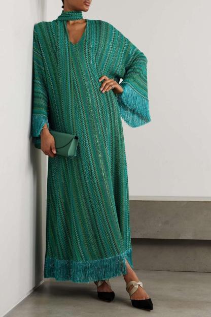 High Waist Tassel V-Neck Maxi Dress