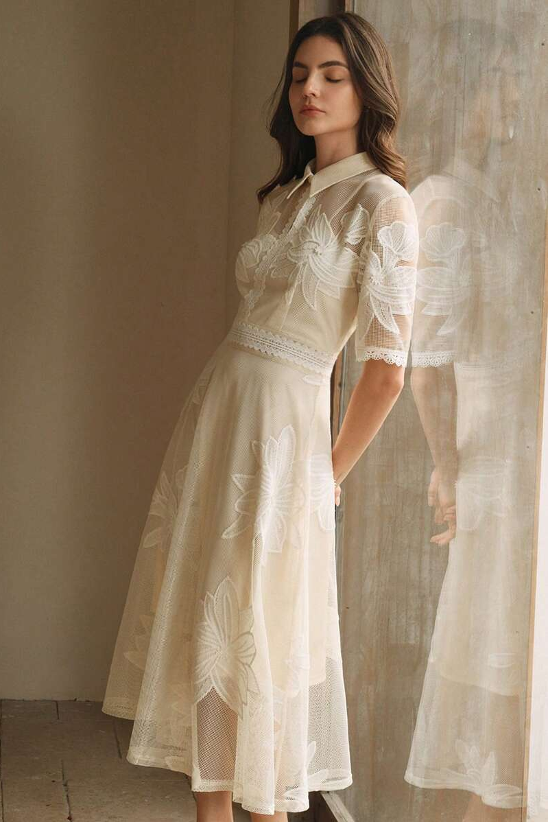 Lace Embroidered Shirt Collar Midi Dress