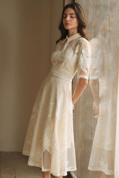 Lace Embroidered Shirt Collar Midi Dress
