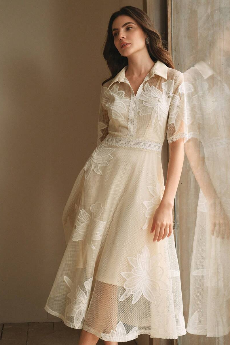 Lace Embroidered Shirt Collar Midi Dress
