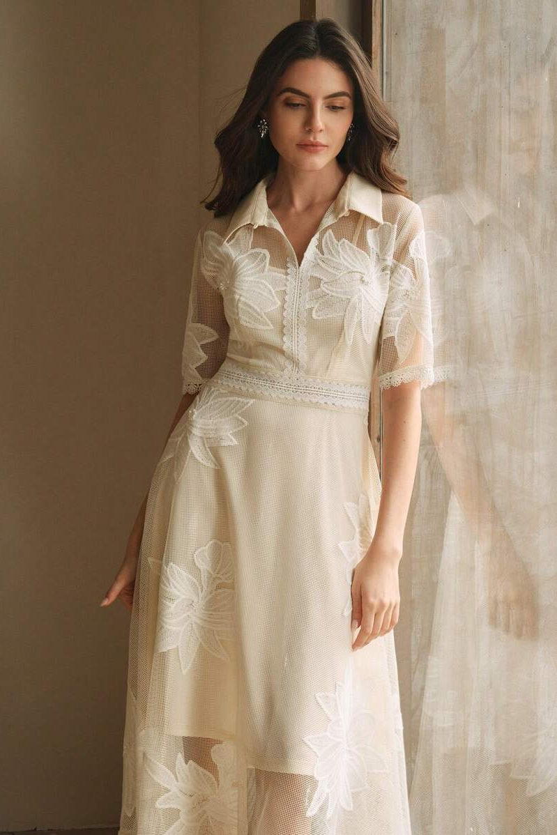 Lace Embroidered Shirt Collar Midi Dress