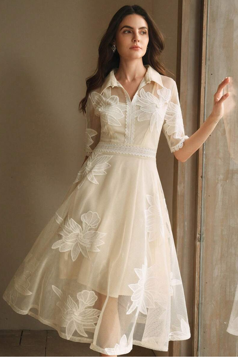 Lace Embroidered Shirt Collar Midi Dress