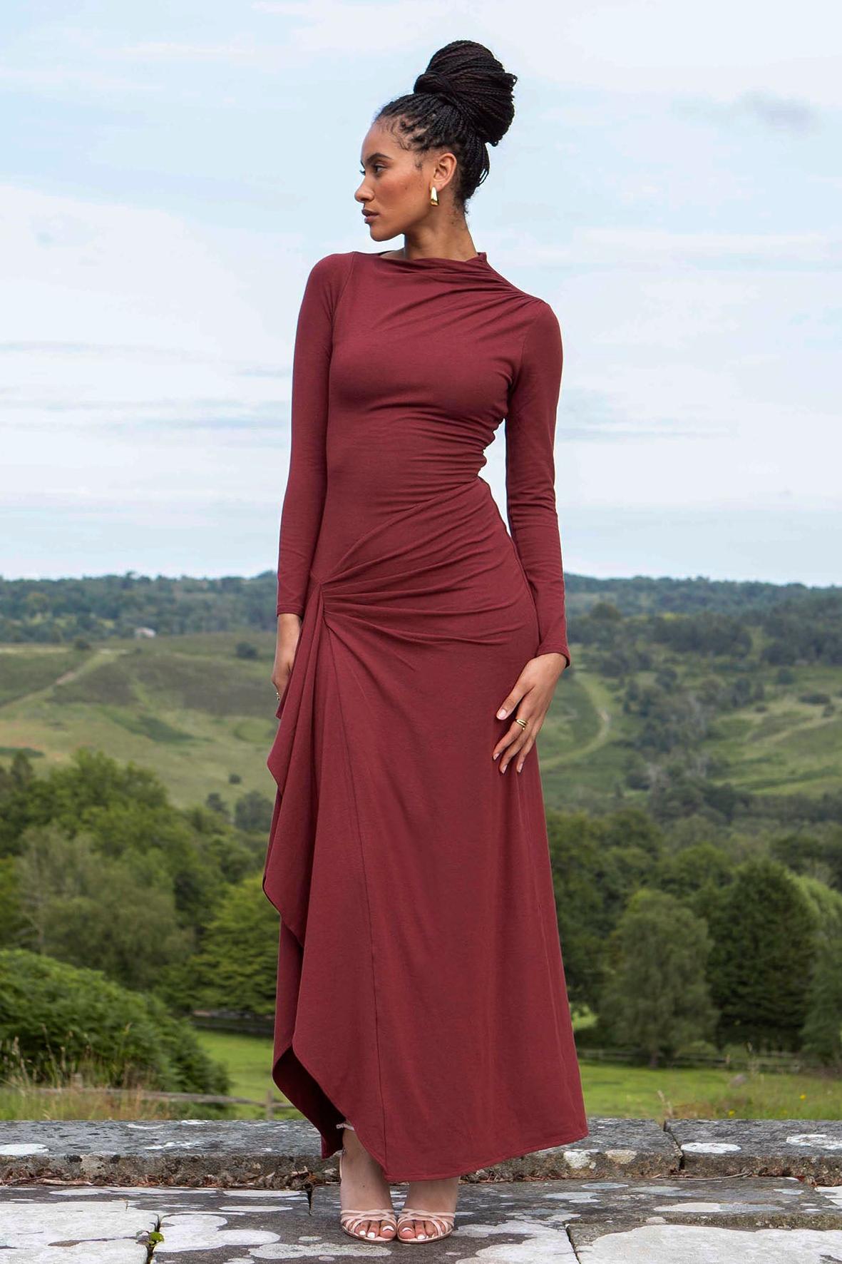 Jersey Gathering Long Sleeve Maxi Dress