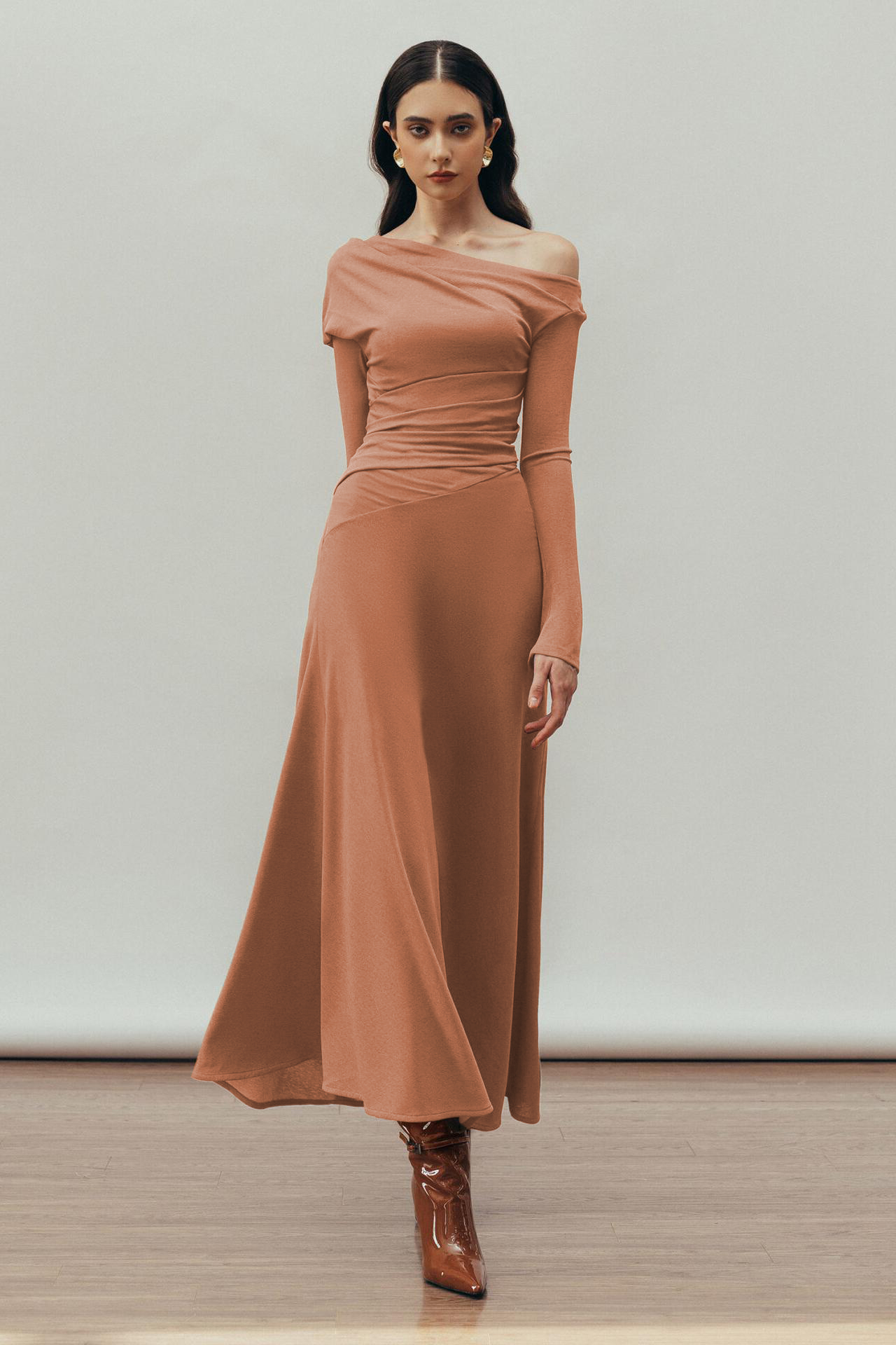 Jersey Gathering One-Shoulder Midi Dress