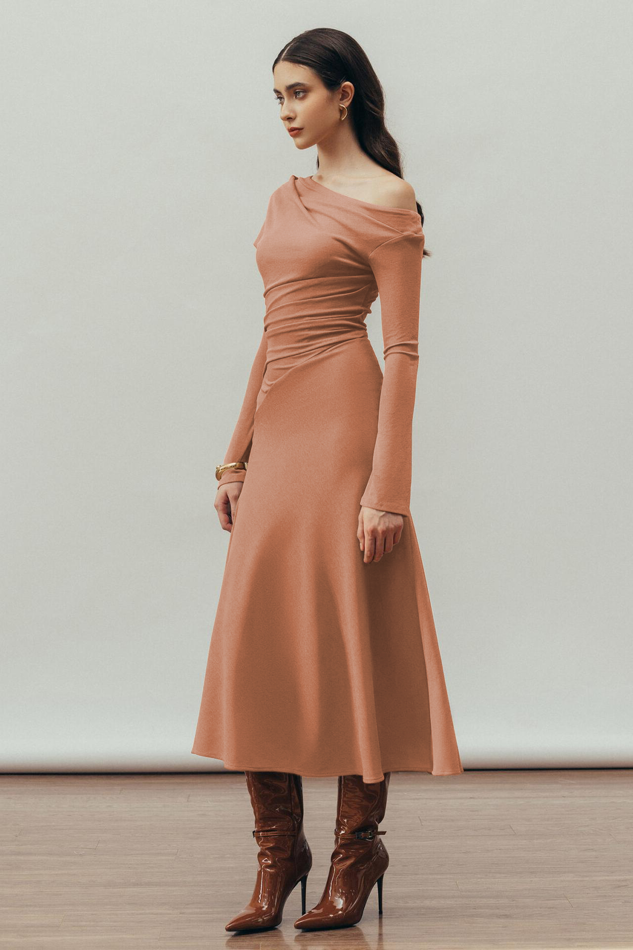 Jersey Gathering One-Shoulder Midi Dress