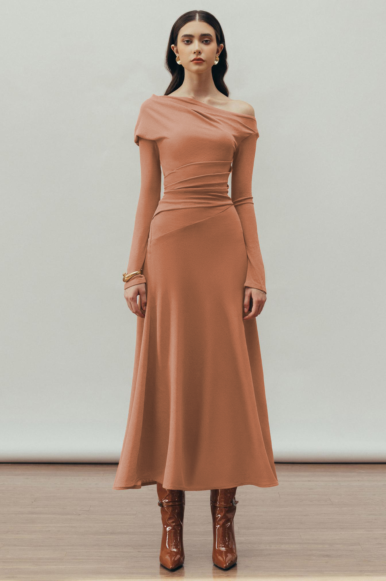 Jersey Gathering One-Shoulder Midi Dress