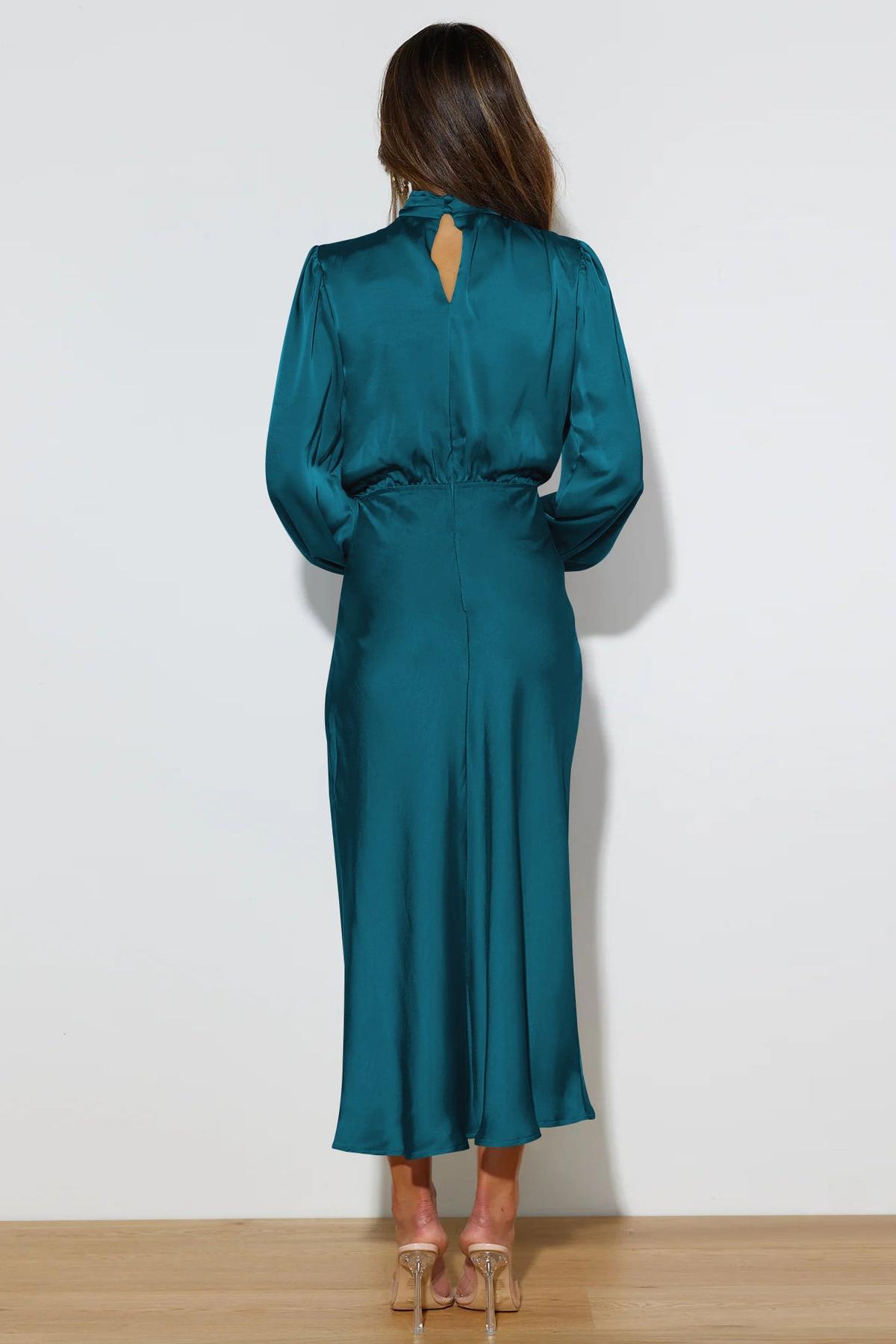 Satin High Neck Long Sleeve Midi Dress