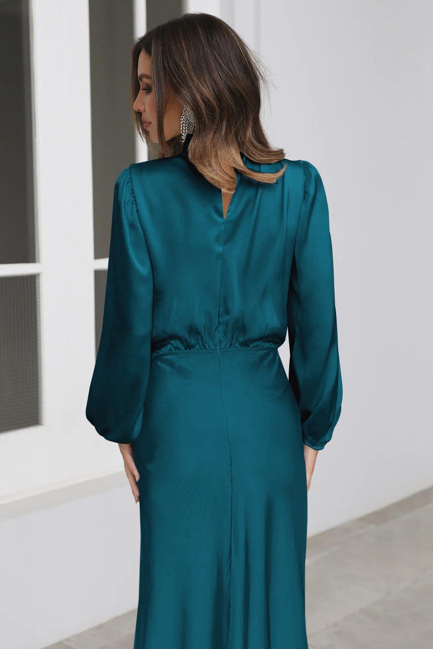Satin High Neck Long Sleeve Midi Dress