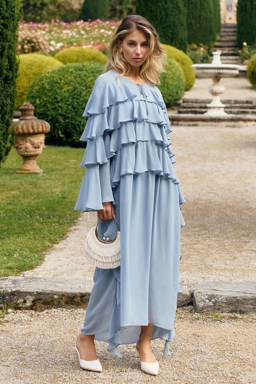 Chiffon Ruffle Lace-Up Midi Dress