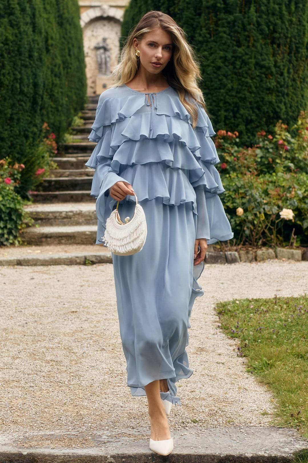 Chiffon Ruffle Lace-Up Midi Dress