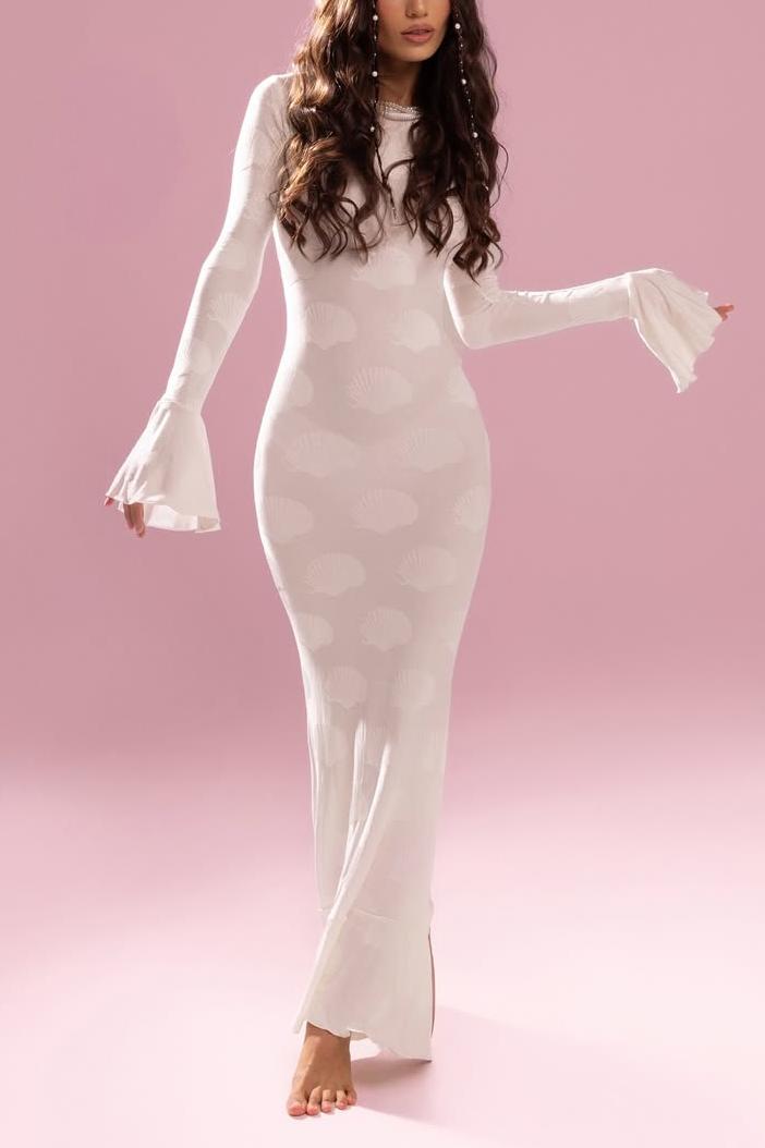 Shell Jacquard Bell Sleeve Maxi Dress