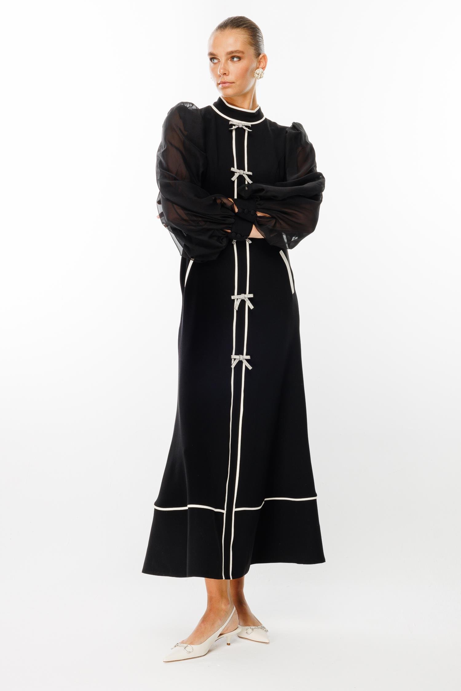 Rhinestone Bow Contrast Color Midi Dress