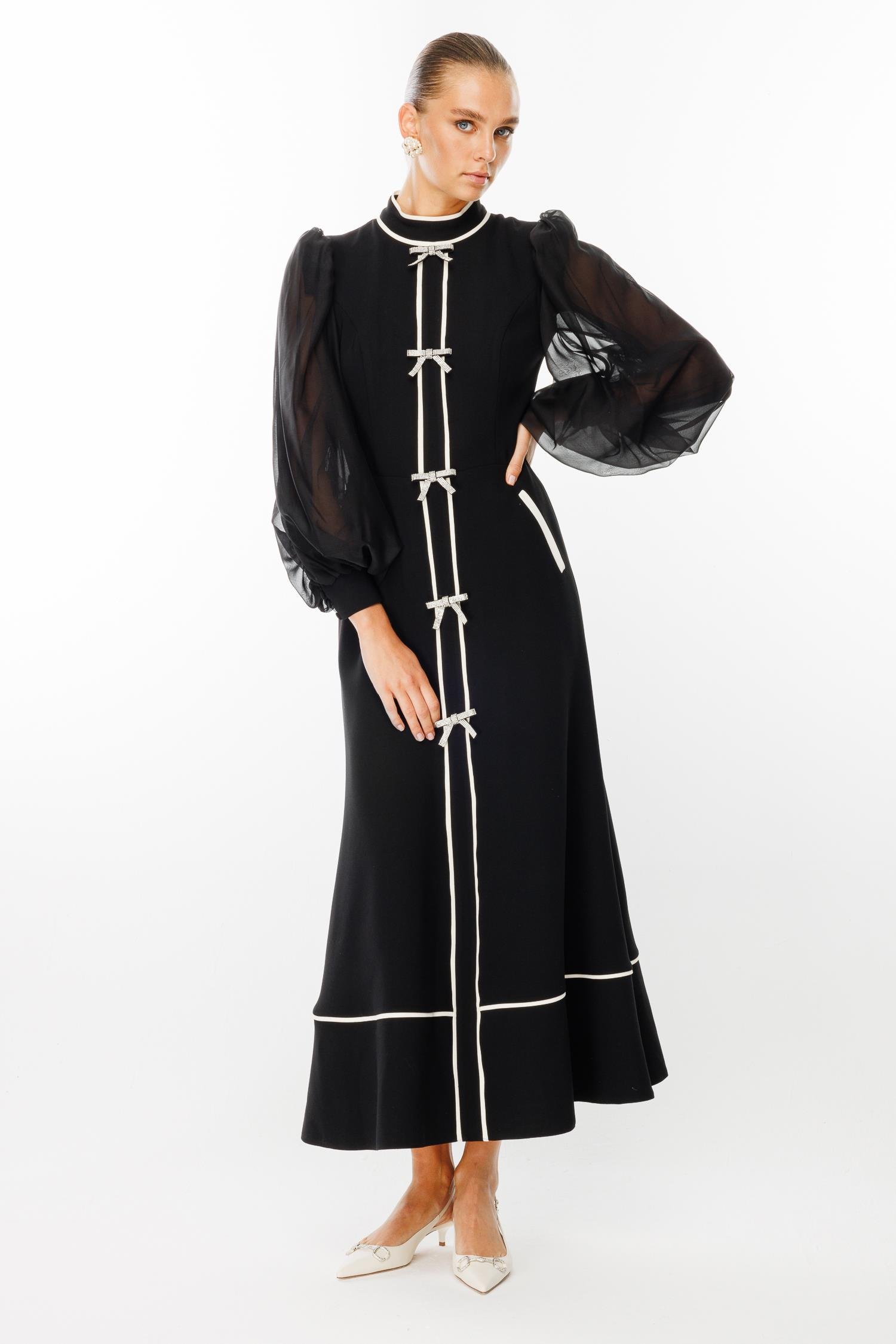 Rhinestone Bow Contrast Color Midi Dress