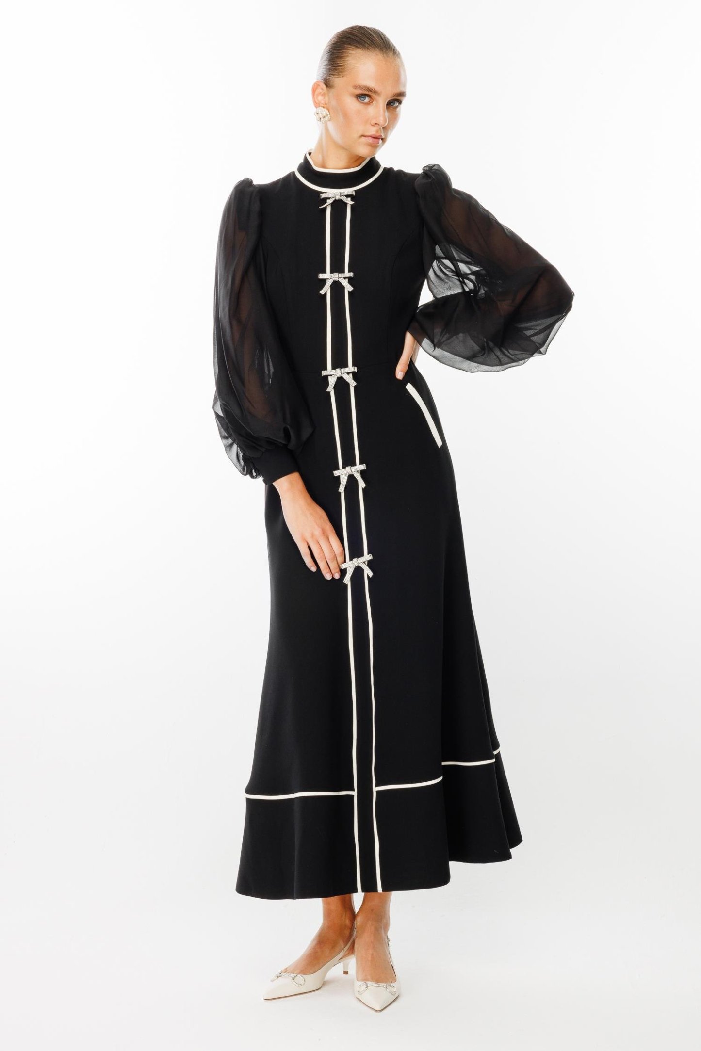 Rhinestone Bow Contrast Color Midi Dress