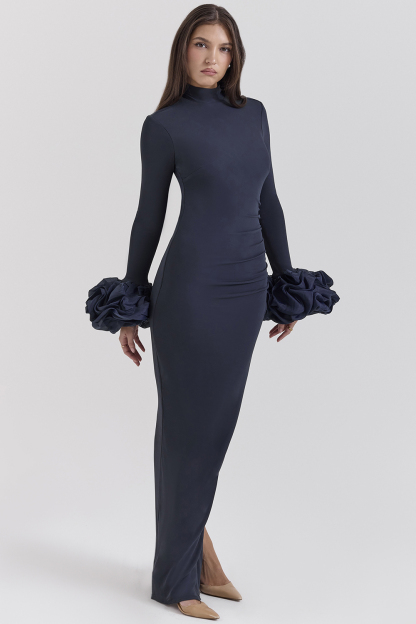 Jersey Puff Sleeve Ruched Maxi Dress