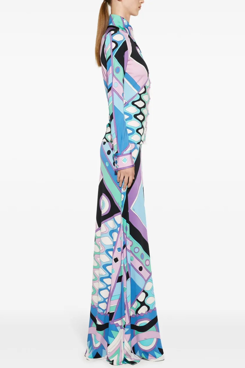Geometric Patterns Long Sleeve Shirt & Hight Waist Midi Skirt Set