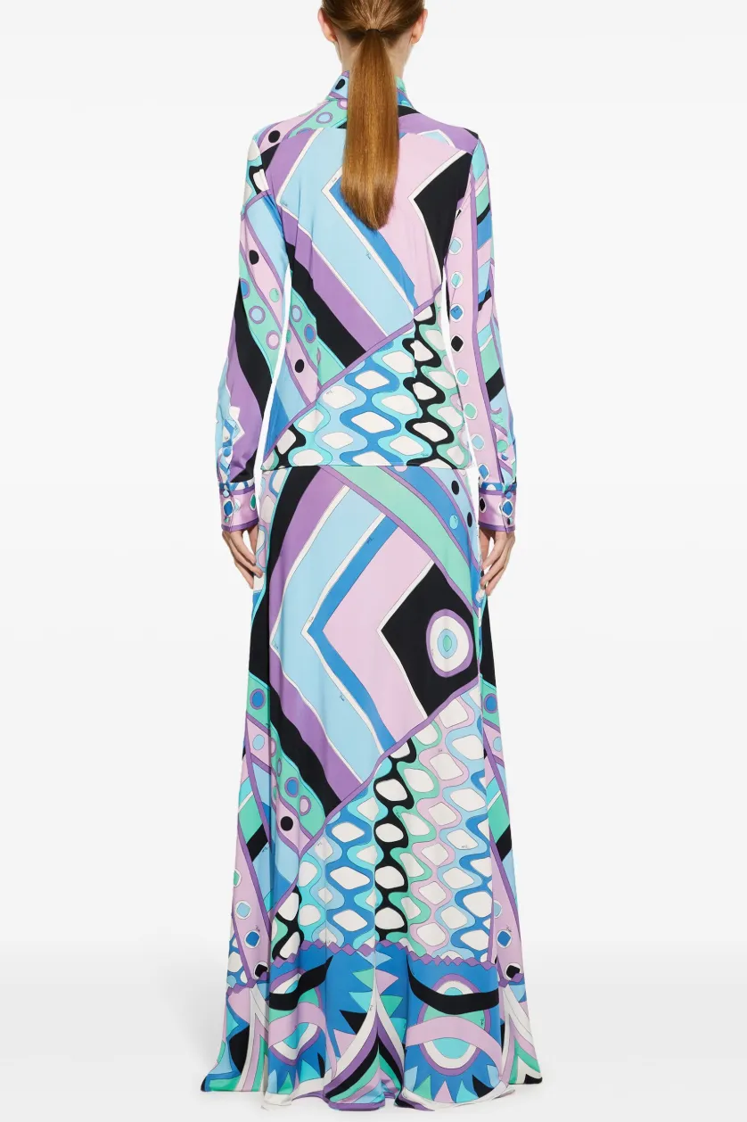 Geometric Patterns Long Sleeve Shirt & Hight Waist Midi Skirt Set