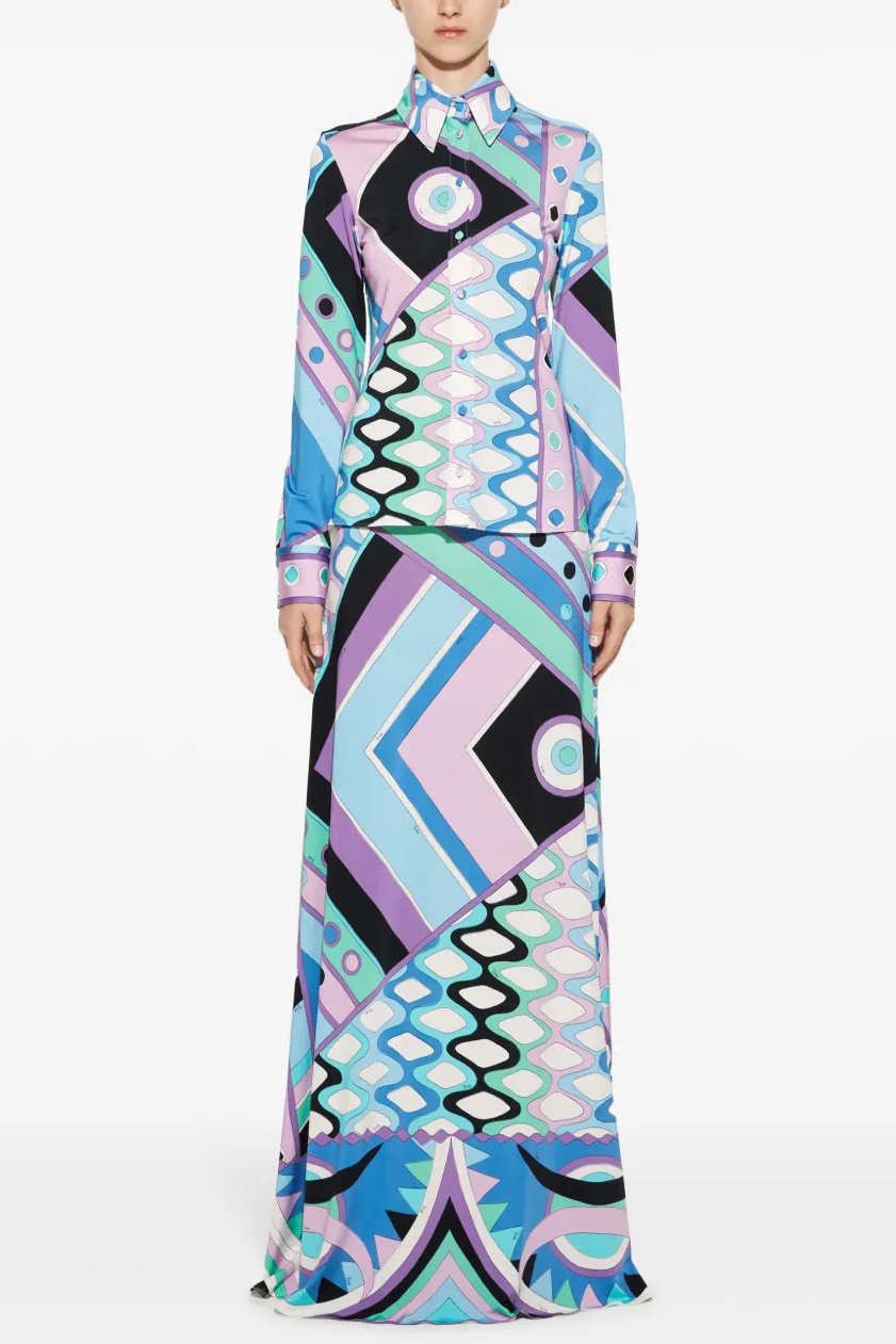 Geometric Patterns Long Sleeve Shirt & Hight Waist Midi Skirt Set