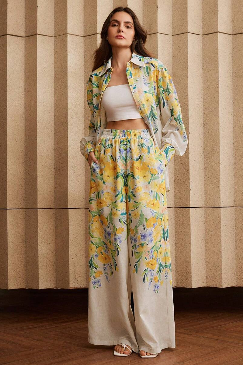 Floral Single Breasted Blouse & Hight Waist Pants Set