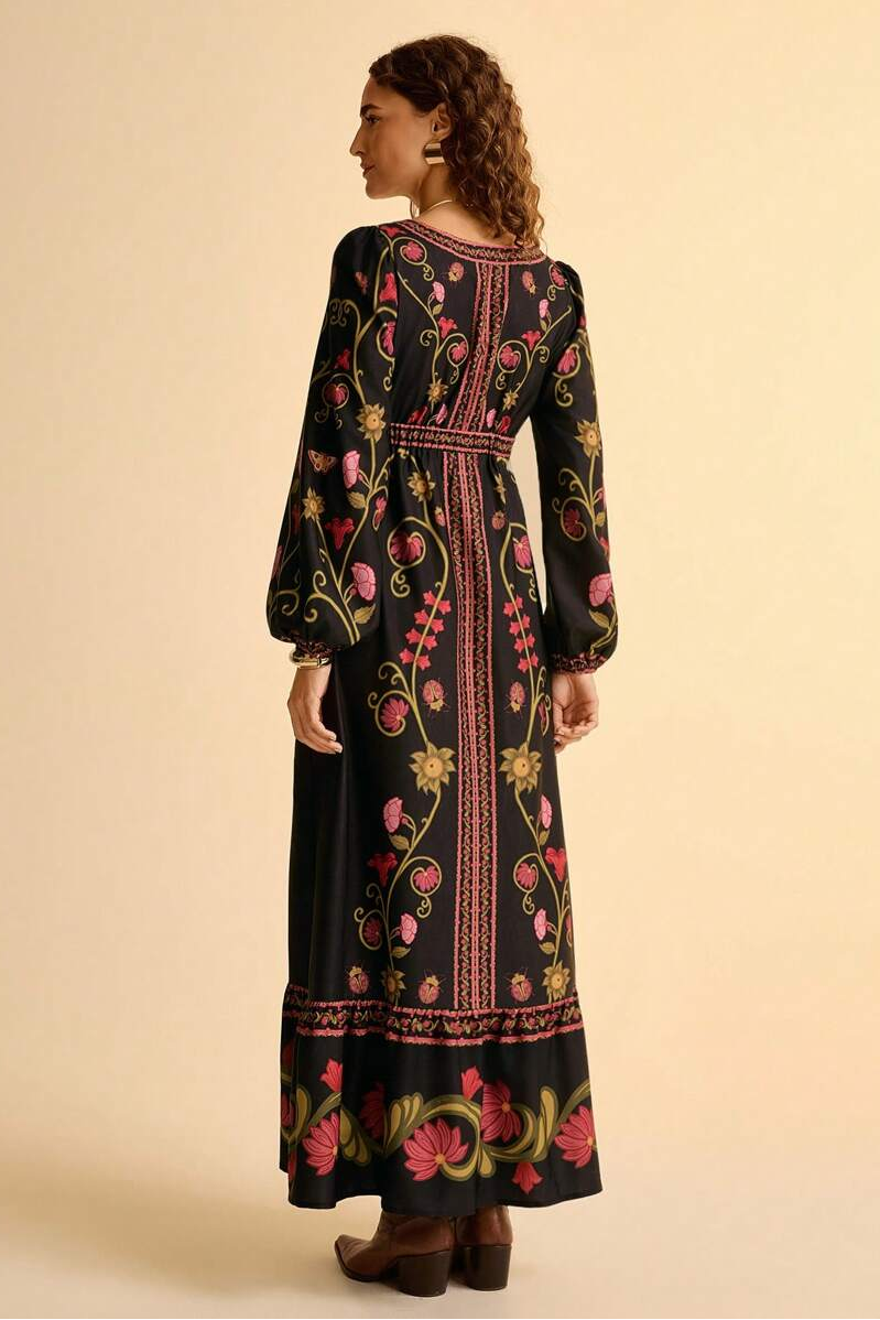 Paisley Print V-Neck Long Sleeve Midi Dress