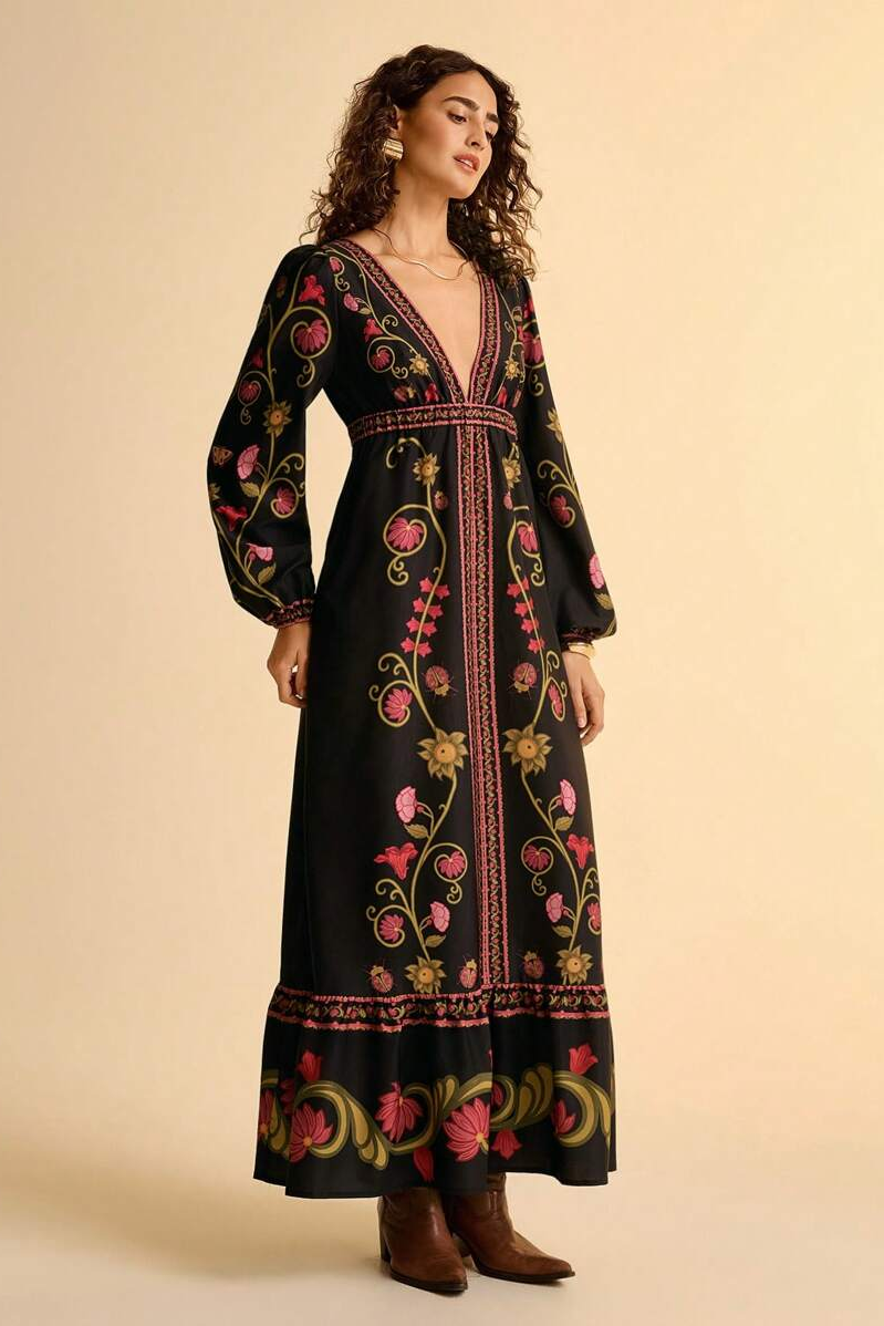 Paisley Print V-Neck Long Sleeve Midi Dress