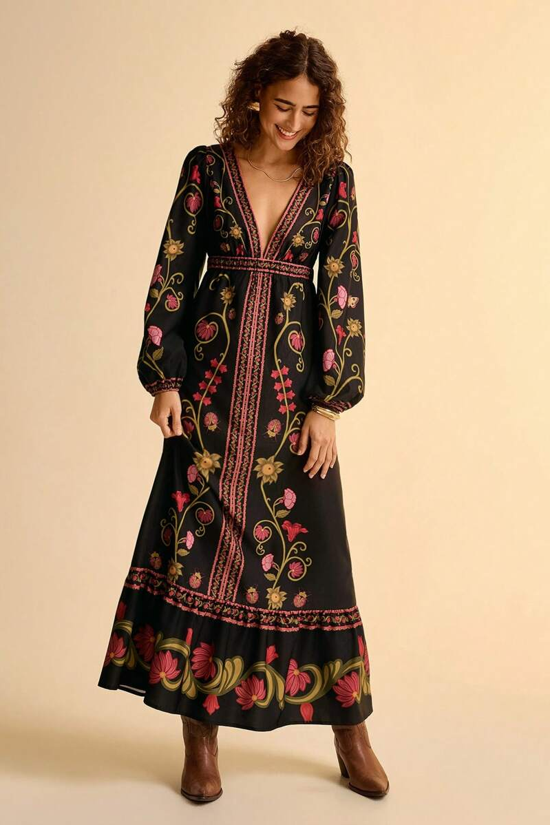 Paisley Print V-Neck Long Sleeve Midi Dress