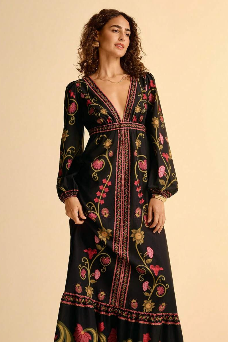 Paisley Print V-Neck Long Sleeve Midi Dress