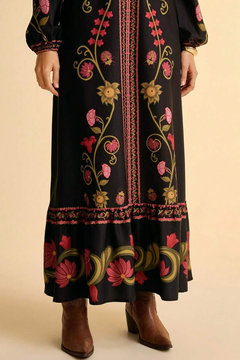 Paisley Print V-Neck Long Sleeve Midi Dress