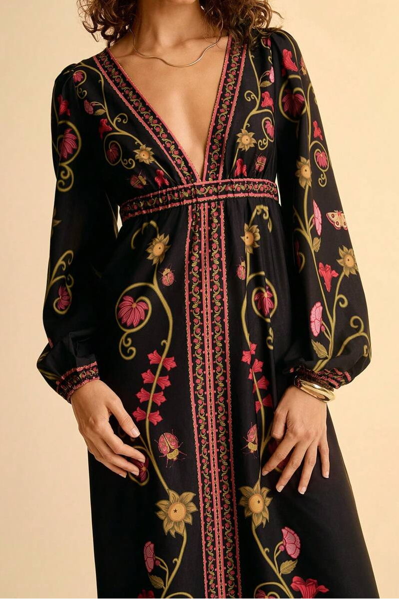 Paisley Print V-Neck Long Sleeve Midi Dress