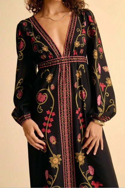 Paisley Print V-Neck Long Sleeve Midi Dress