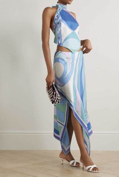 Satin Halter Neck Mini Top & Abstract Print Mid Waist Midi Skirt Set