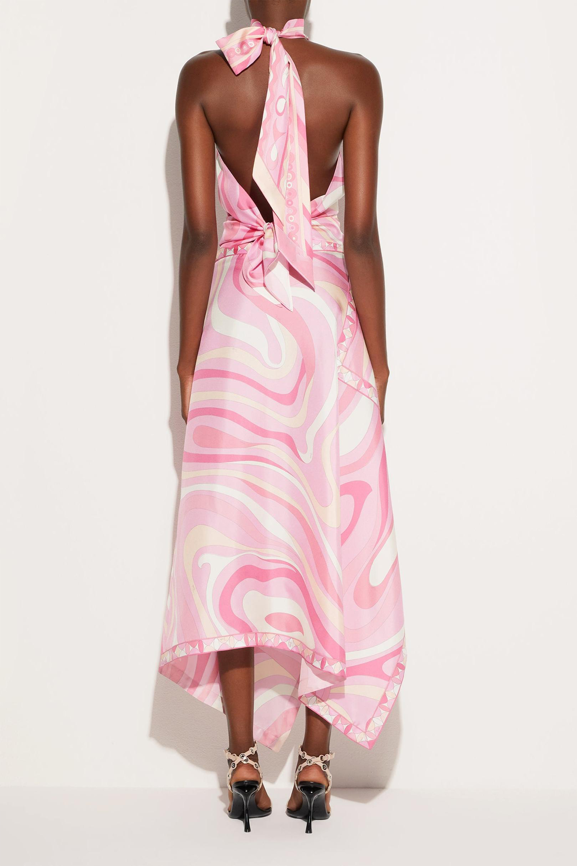 Satin Halter Neck Mini Top & Scarf Print Mid Waist Midi Skirt Set