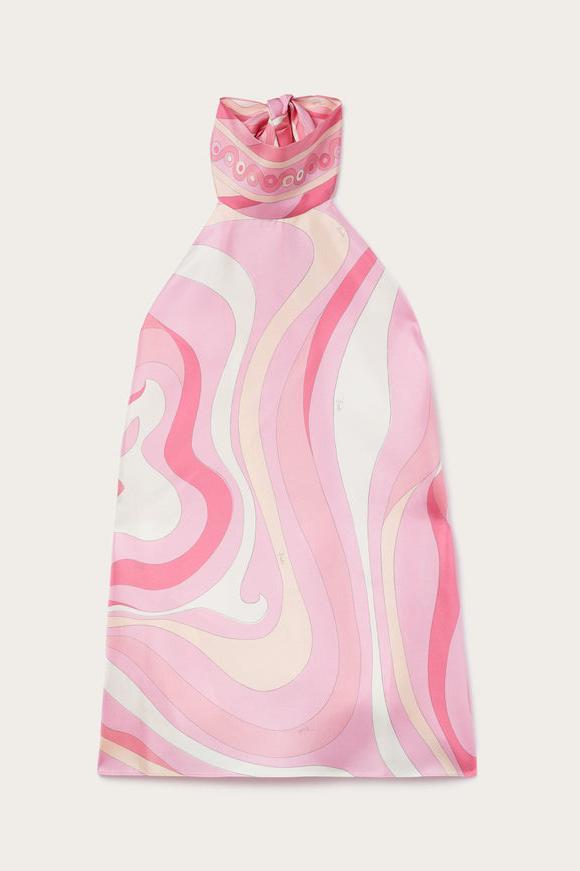 Satin Halter Neck Mini Top & Scarf Print Mid Waist Midi Skirt Set