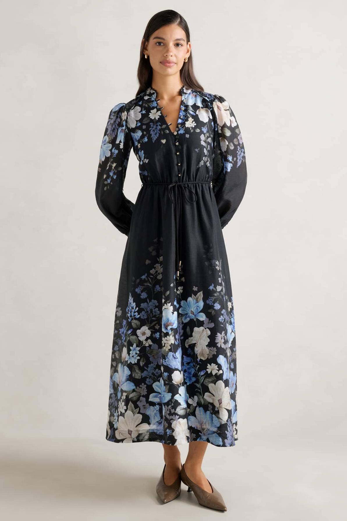 Floral Button Stand Collar Midi Dress