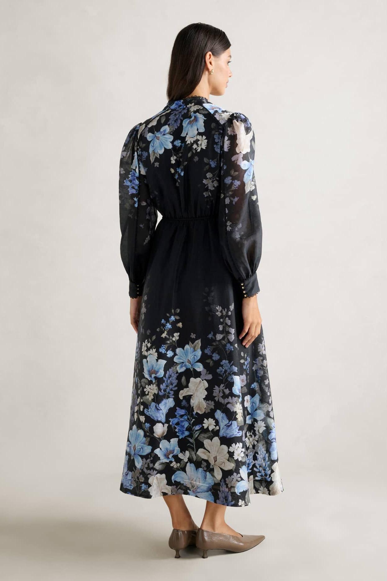 Floral Button Stand Collar Midi Dress