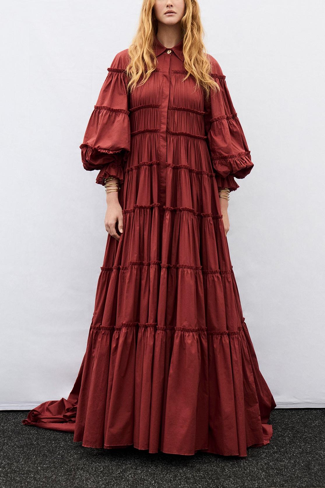 Ruffle Single Breasted Lantern Sleeve Maxi Dress