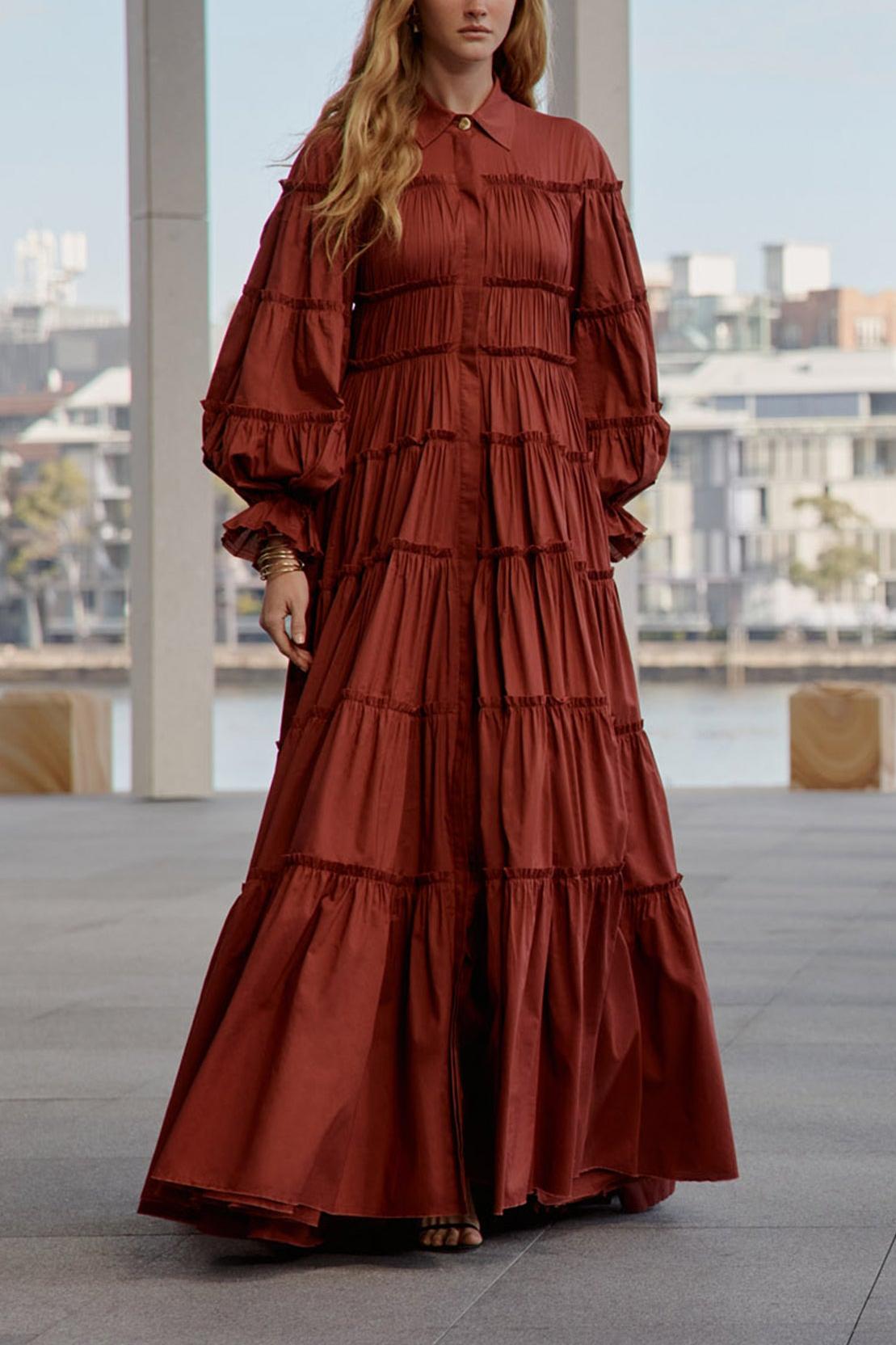 Ruffle Single Breasted Lantern Sleeve Maxi Dress