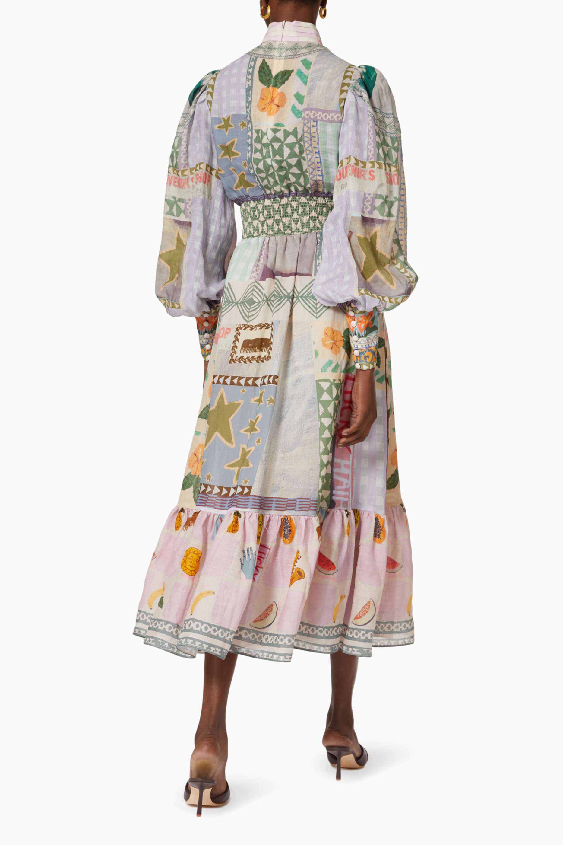Patchwork Print Button Lantern Sleeve Midi Dress