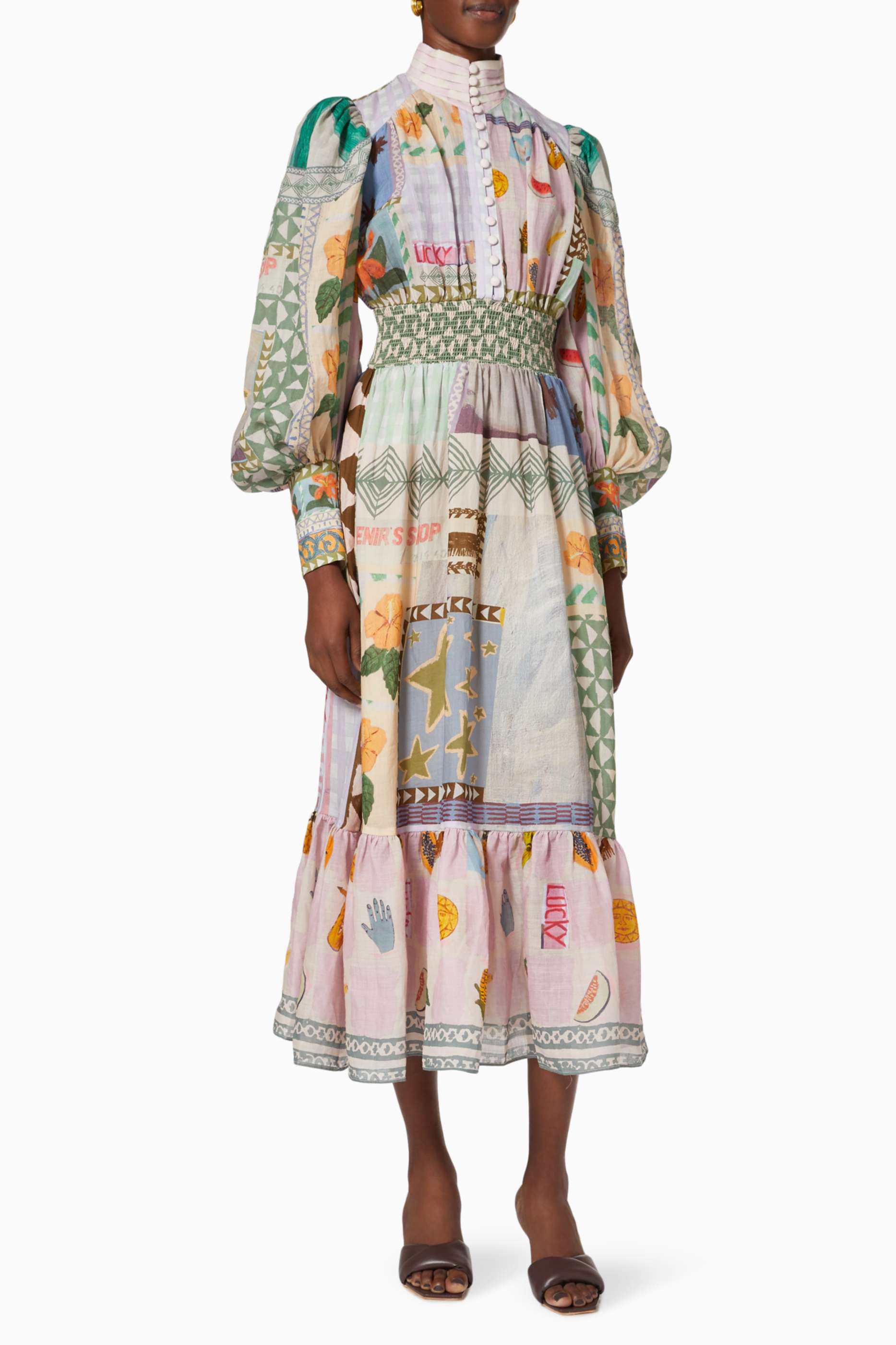 Patchwork Print Button Lantern Sleeve Midi Dress