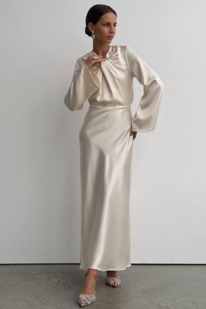 Satin Backless Knotted Bell Sleeve Midi Dress