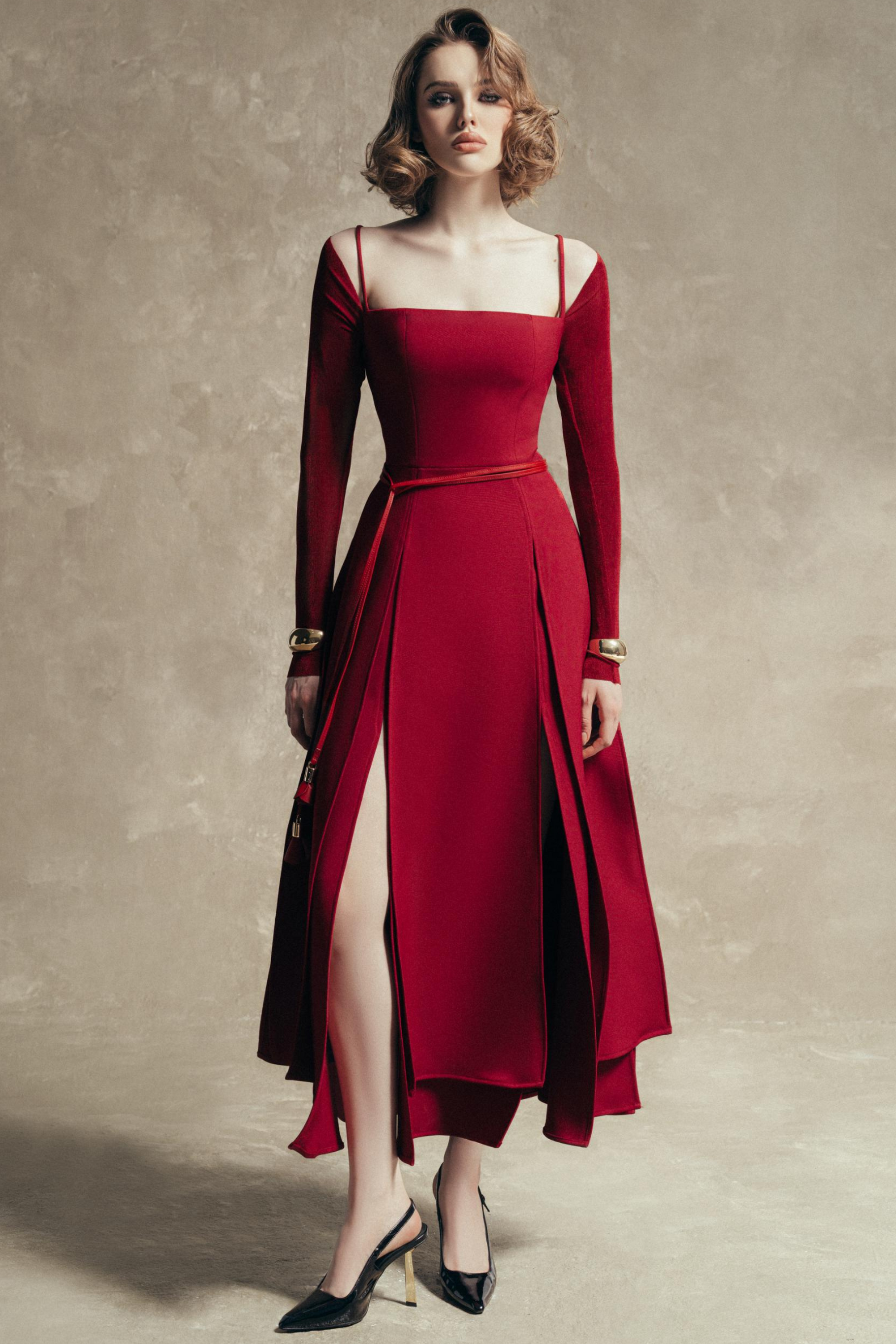 Solid Jersey Square Collar Slit Midi Dress With Belt