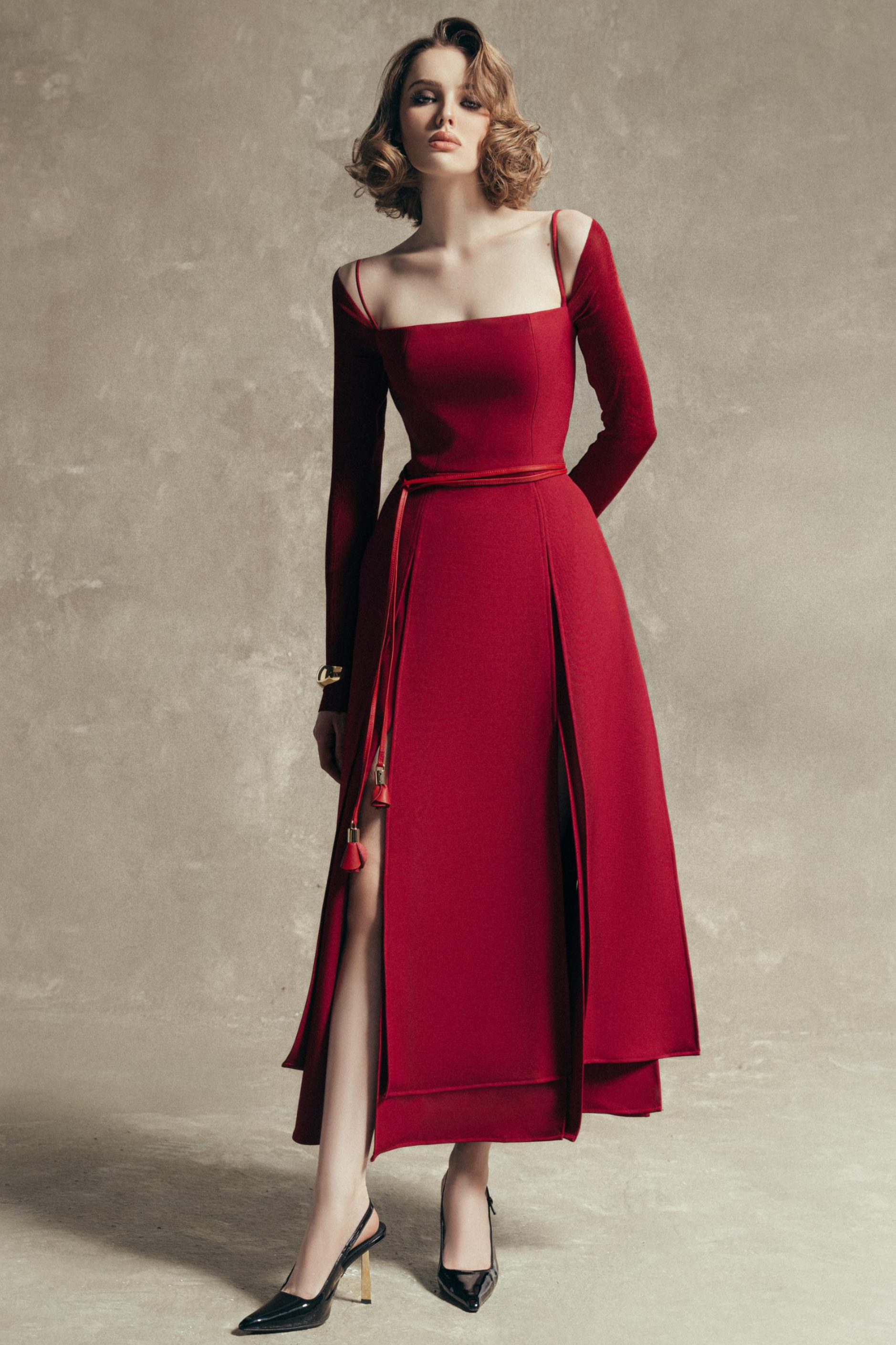 Solid Jersey Square Collar Slit Midi Dress With Belt