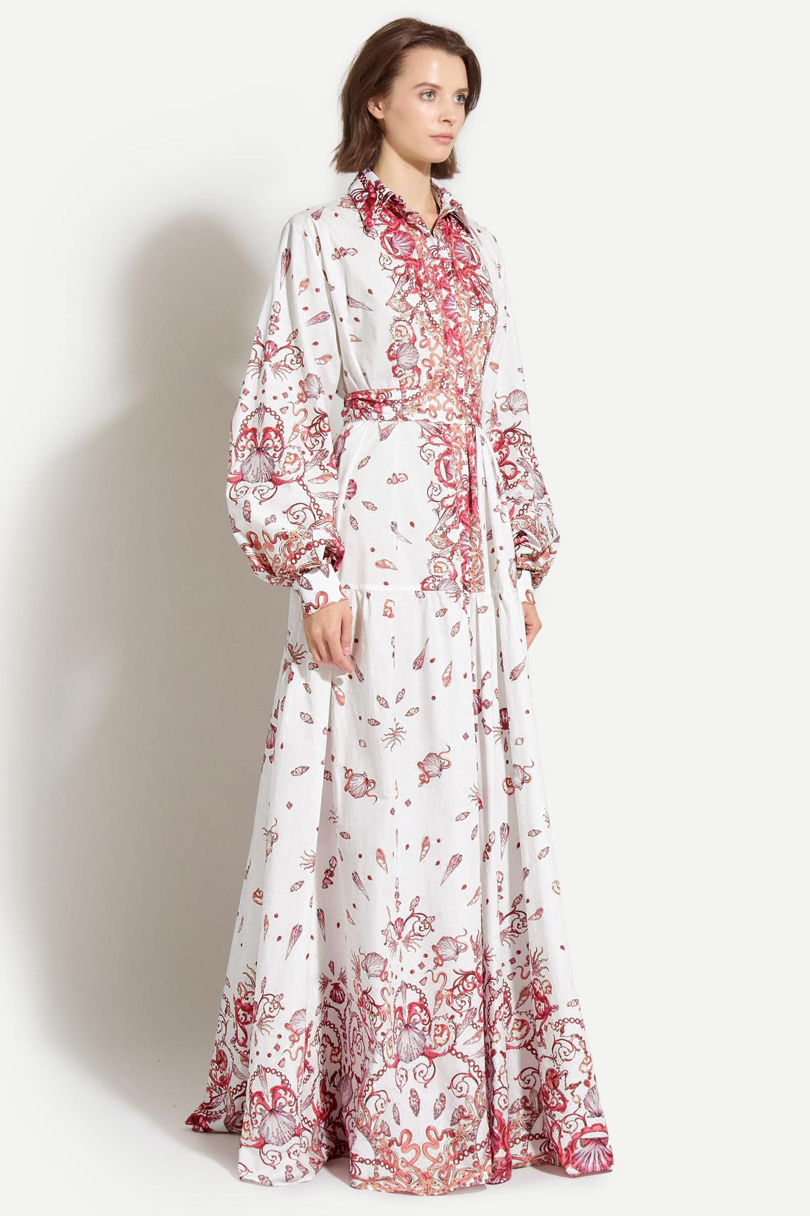 Sea Print Shirt Collar Single Breasted Maxi Dress With Belt