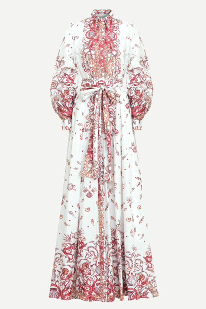 Sea Print Shirt Collar Single Breasted Maxi Dress With Belt