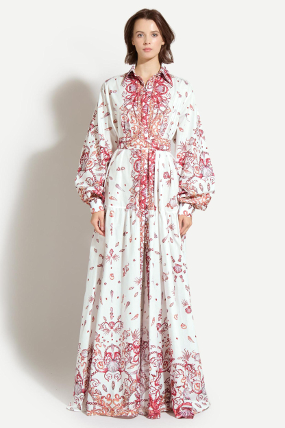 Sea Print Shirt Collar Single Breasted Maxi Dress With Belt