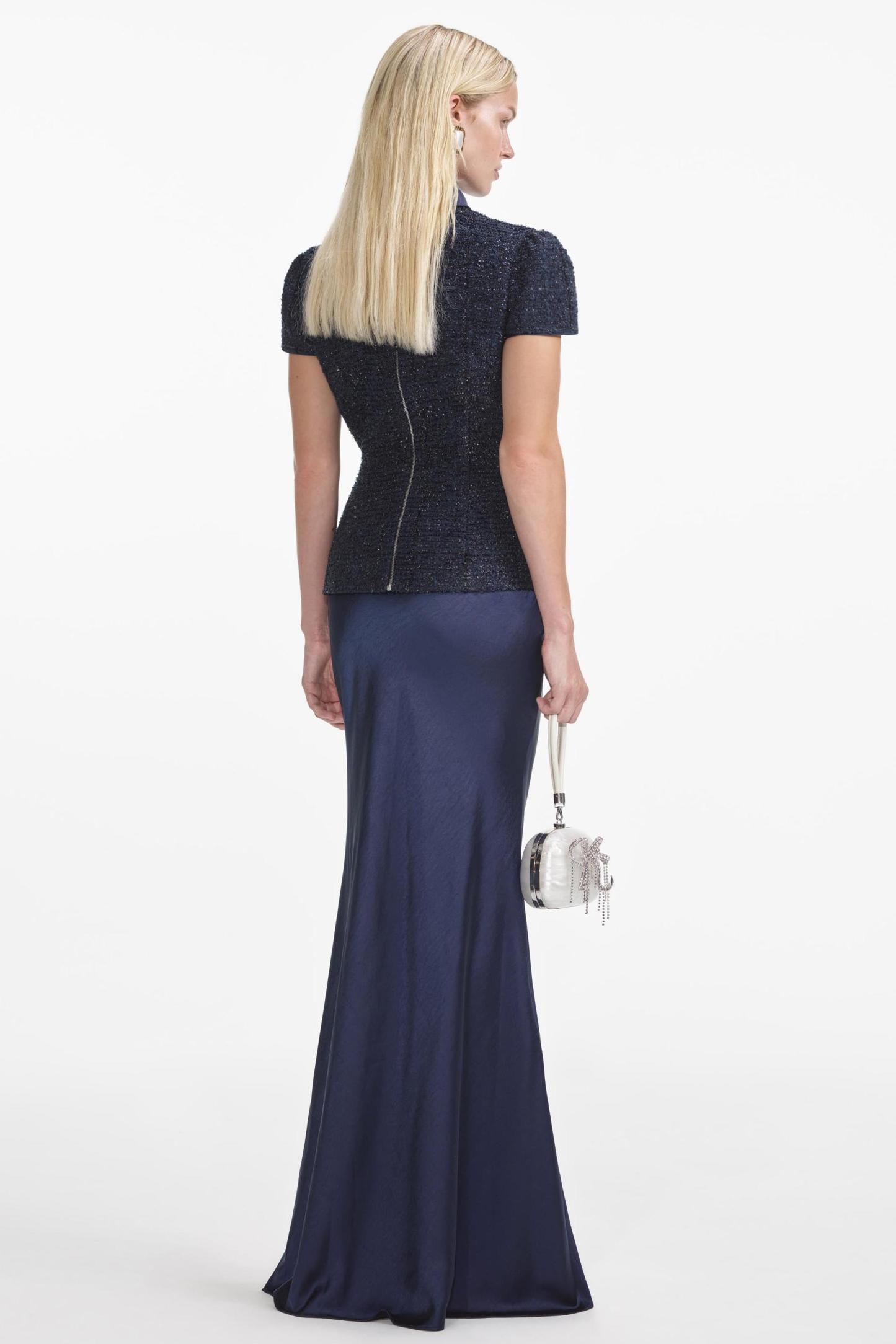 Rivet Stand Collar Top & Satin High Waist Midi Skirt Set