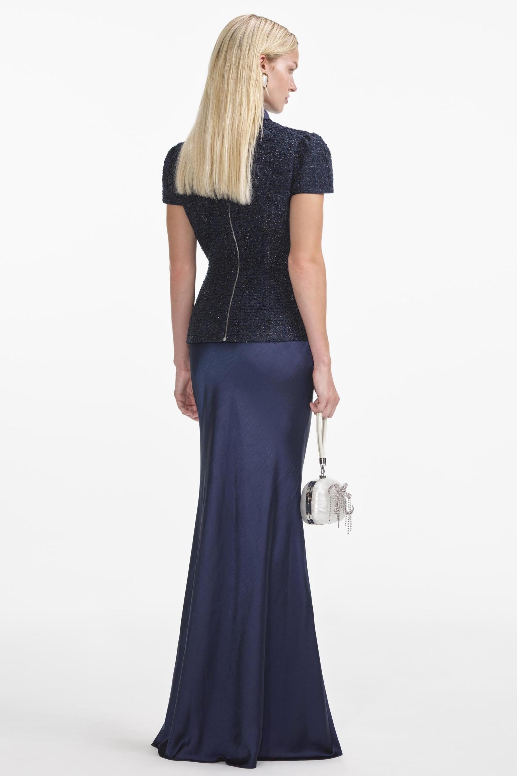 Rivet Stand Collar Top & Satin High Waist Midi Skirt Set