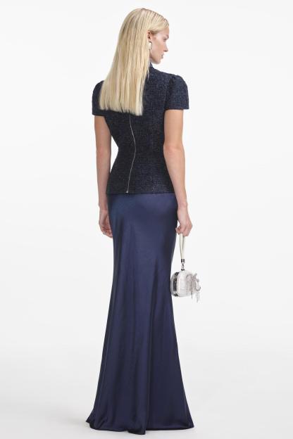 Rivet Stand Collar Top & Satin High Waist Midi Skirt Set