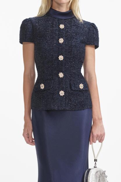 Rivet Stand Collar Top & Satin High Waist Midi Skirt Set