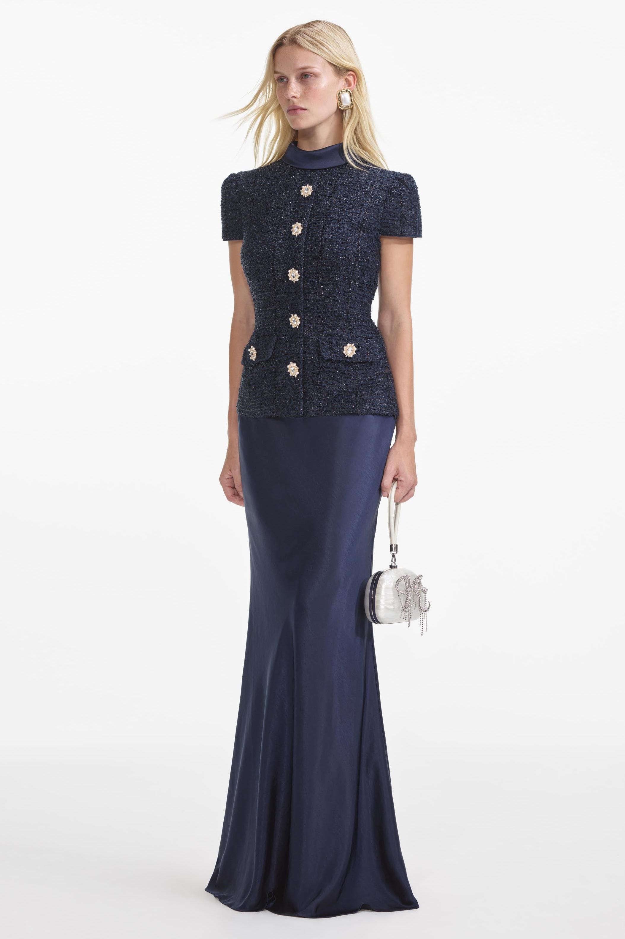 Rivet Stand Collar Top & Satin High Waist Midi Skirt Set